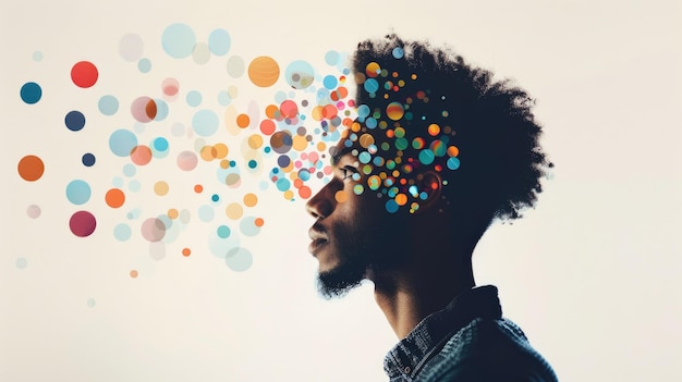 Profile of man with graphic colorful thought bubbles emanating from his head