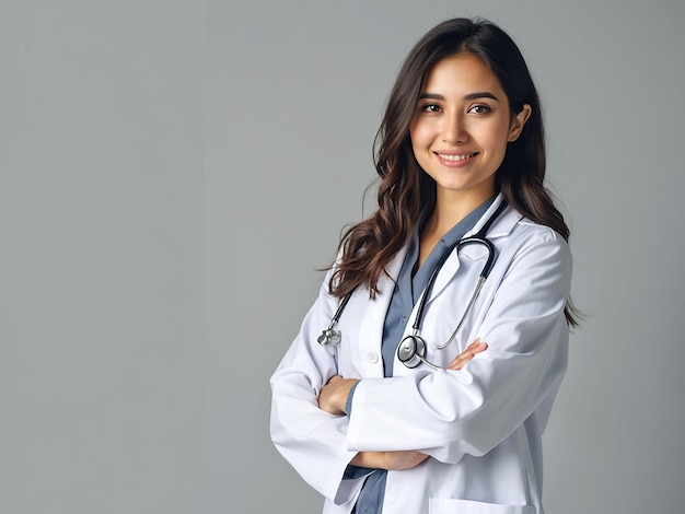 Profile photo of attractive family doc lady patients consultation friendly smiling reliable virology clinic arms crossed wear white lab coat stethoscope isolated grey color background