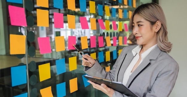 Profile photo of beautiful business lady person looking seriously watching thinking idea portrait indoor looking window information confidentxA