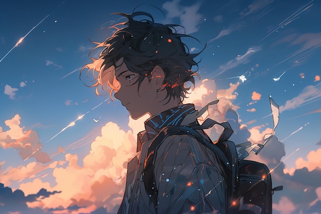 profile portrait of anime boy with black hair with backpack sunrise sky with clouds background