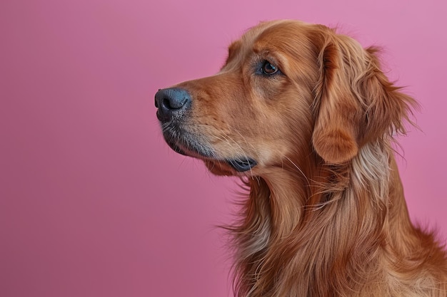 Profile Portrait of a Golden Retriever Dog with Long Fur Against a Pink Background