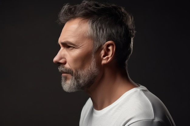 Profile portrait of middle aged bearded man in white t shirt over grey studio background copy space side view of handsome confident man posing on gray standing straight and looking aside