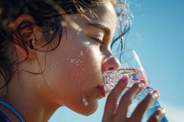 Photo profile portrait of sporty teen girl drinking clear water with closed eyes