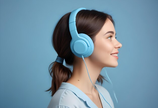 Profile side photo of young cheerful girl listen agent earphones look empty space isolated over blue