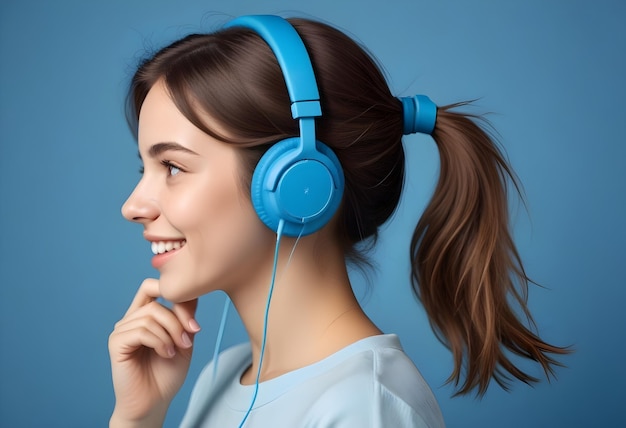 Profile side photo of young cheerful girl listen agent earphones look empty space isolated over blue