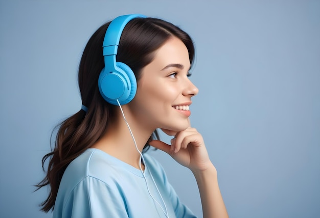 Profile side photo of young cheerful girl listen agent earphones look empty space isolated over blue