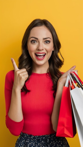 Profile studio shot amused impressed speechless cute stylish shopping girl drop jaw amazed widen ey