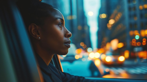 Profile of a thoughtful businesswoman gazing out the window of a taxi amidst city lights