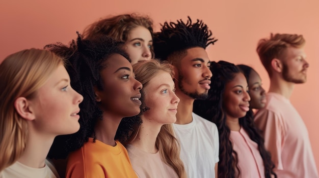 Profile view of diverse young adults against a solid color background Studio group portrait concept