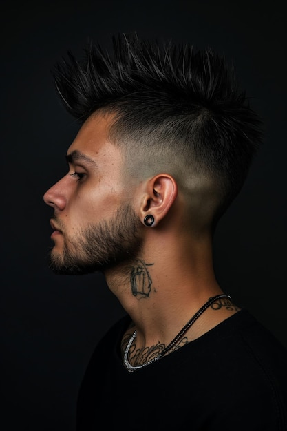 Profile view of a young man with a stylish spiky faux hawk haircut against a dark background