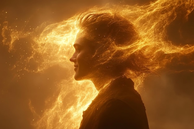 Photo profile of a woman engulfed in fiery energy symbolizing intense passion inner strength and the powe