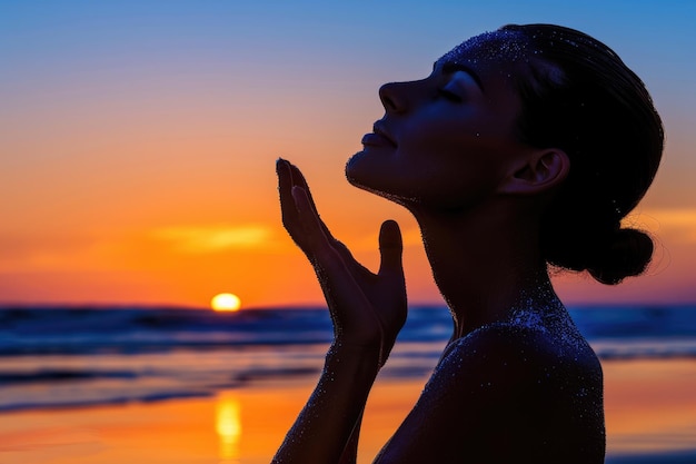 Profile of a woman silhouette watching sun on the beach at sunset