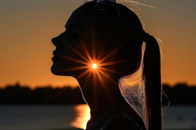 Profile of a woman silhouette watching sun on the beach at sunset