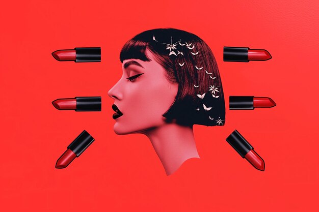 Photo profile of a woman surrounded with lipsticks on a red background