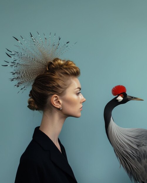 A profile of a woman with an artistic feathered headpiece next to a crane against a solid blue background