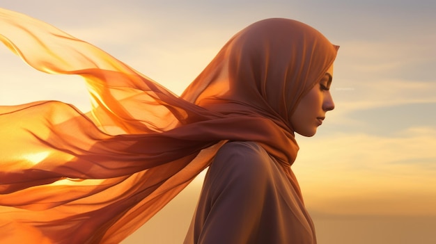 A profile of a woman with a flowing hijab against a sunset symbolizing grace and beauty