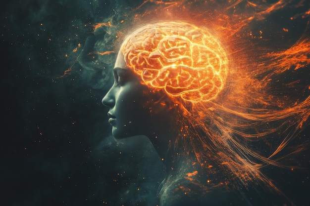 Profile of a Woman with a Glowing Brain Depicting Cognitive Power Intellectual Brilliance and the R