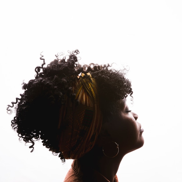 Profile of young curly African American female on white background