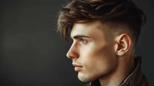 Profile of young man with tousled hair looking off to the side