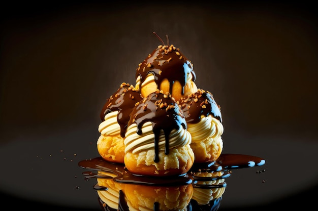 Profiteroles with whipped cream and hot schocolad with nuts