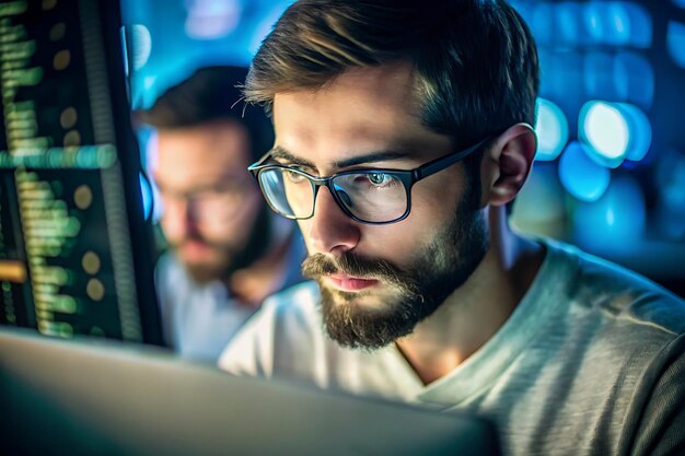 Photo programmer concentrating on complex code lines closeup