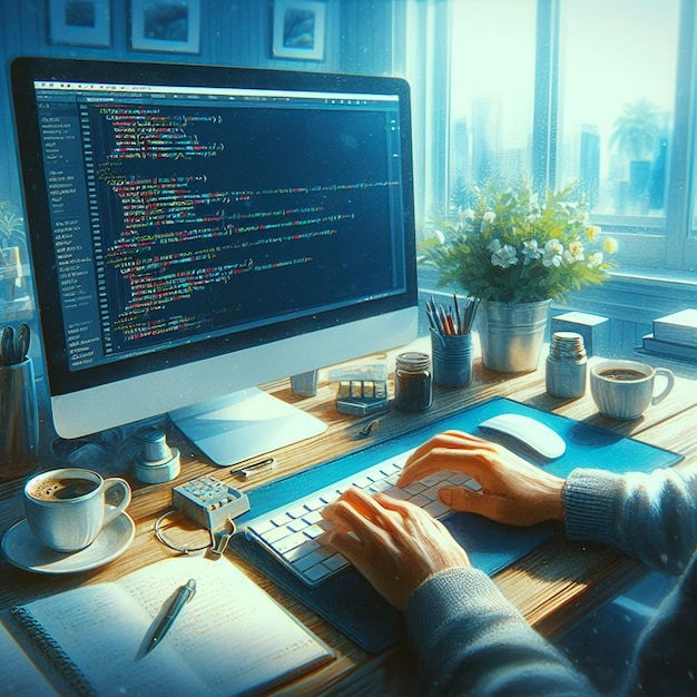 Photo programmer in front of his computer programming in html