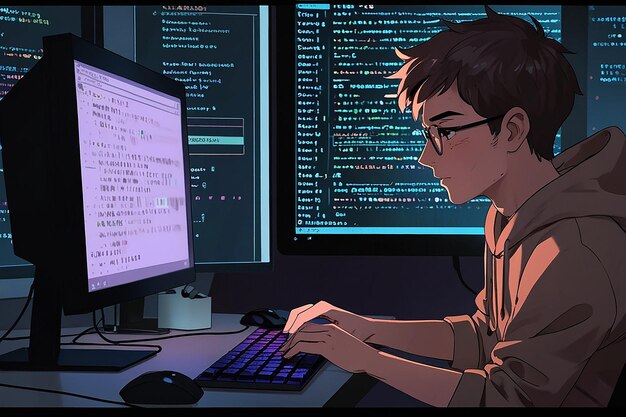 Programmer typing data code software development vector illustration