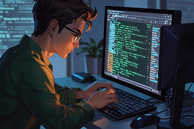 Programmer typing data code software development vector illustration