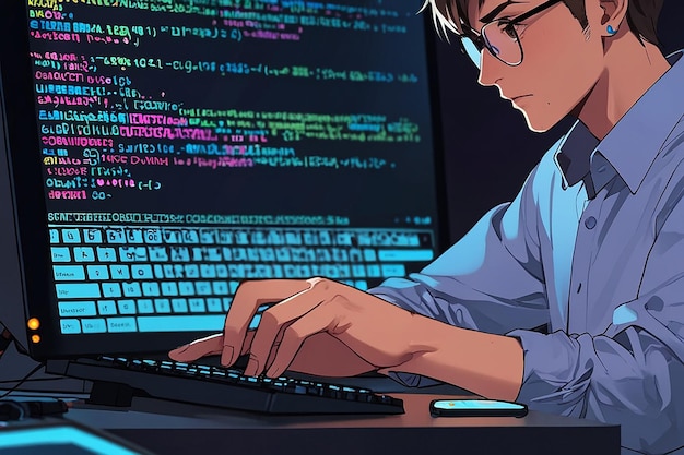 Programmer typing data code software development vector illustration