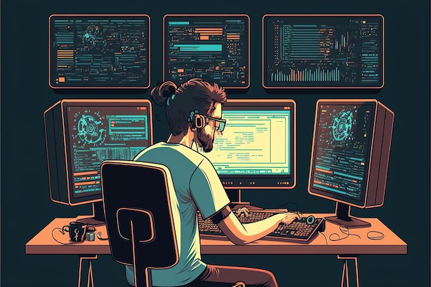 Programmer working on computers with multiple monitors