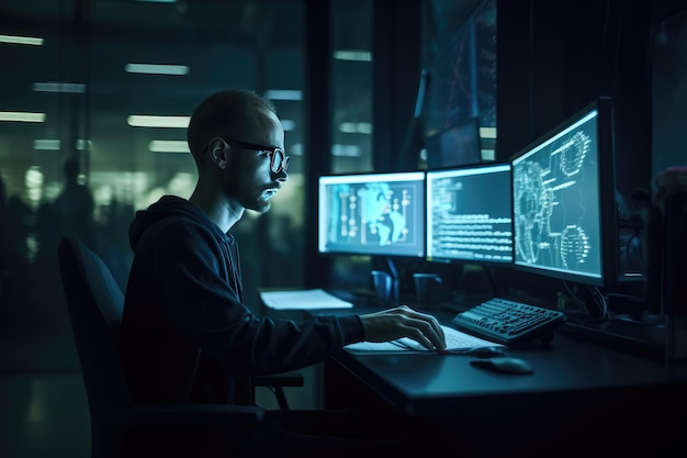 Programmer working at their computer surrounded by monitors displaying code generative ai