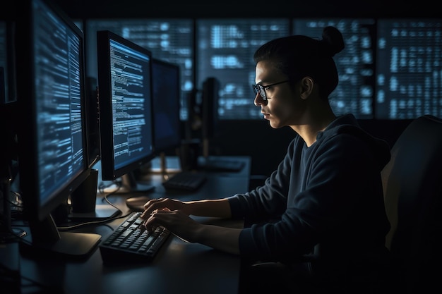 Programmer working at their computer surrounded by monitors displaying code Generative AI