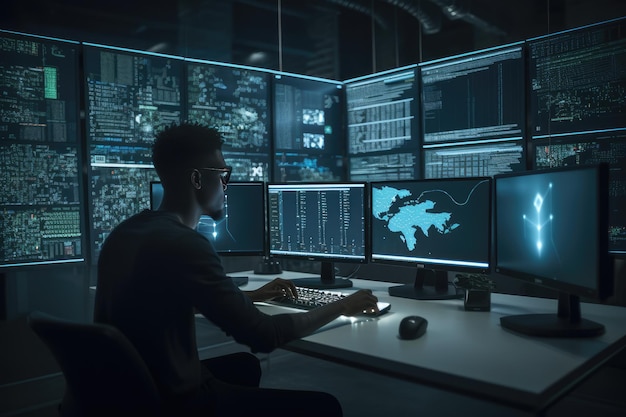 Programmer working at their computer surrounded by monitors displaying code generative ai