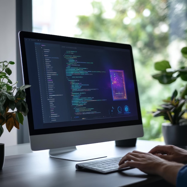 A programmer39s hands on a keyboard with code displayed on a computer monitor