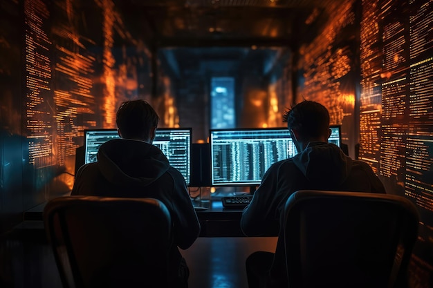 Programmers working on computers in server room at night Teamwork concept