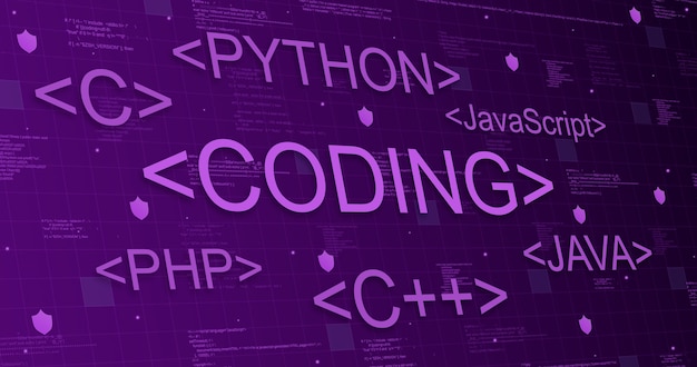 Programming languages on tech purple background with code elements and lines of light