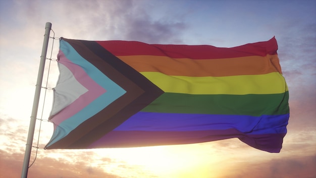 Progress LGBT flag waving in the wind, sky and sun background. 3d rendering