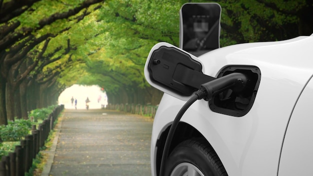 Progressive EV car recharging battery at the park surround with people and tree