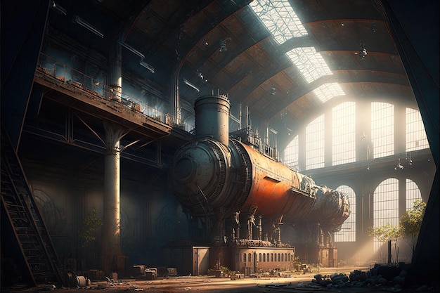 Progressive industrial hall Steampunk abandoned building postapocalyptic setting scifi high resolution illustrations art AI