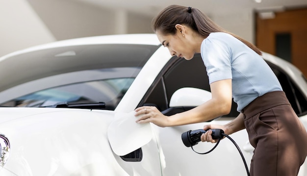 Progressive woman recharge her EV car at home charging station