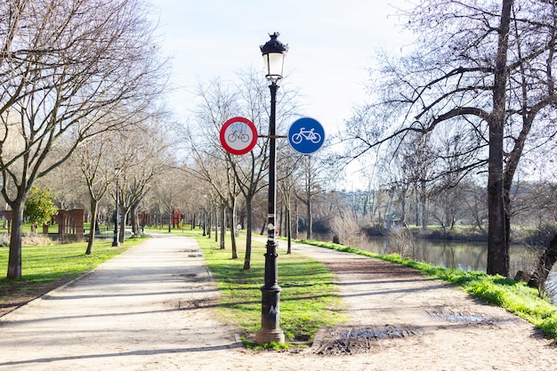 Prohibition sign no bicycle road sign in a park.