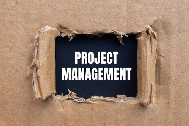 Project management message written on ripped cardboard paper with black background Conceptual project management symbol Copy space