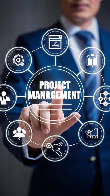 Project management processes and tools with project manager touching icons for cost time planning