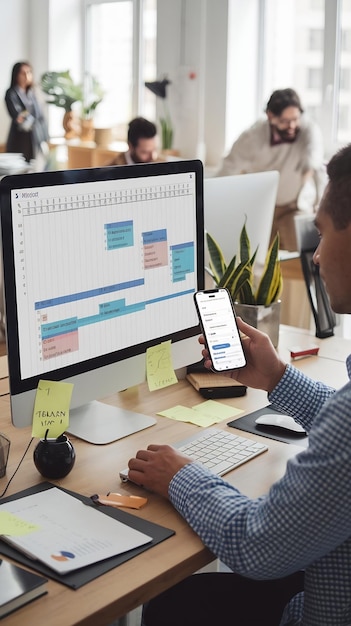 Project manager working on Gantt chart planning schedule with tasks and milestones on computer and