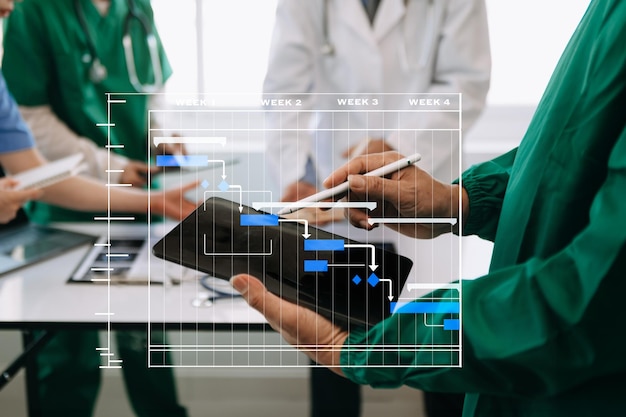 Photo project manager working and update tasks with gantt chart scheduling diagram at hospital success smart medical doctor working with smart medical doctor