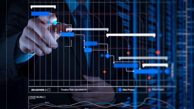 Project manager working and update tasks with milestones progress planning and Gantt chart