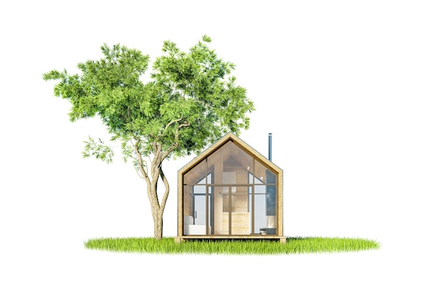 Project of a modern small wooden house in the Scandinavian style barnhouse, with a metal roof on an island of greenery with trees