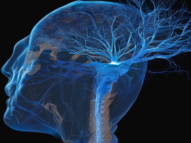 Projection of the head with an illustration of the work of axons dendrites neurophysiology