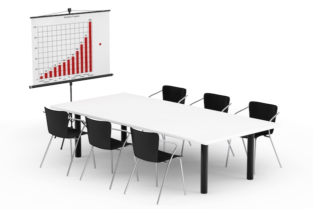 Projection Screen with Business Chart, Table and Chairs on a white background