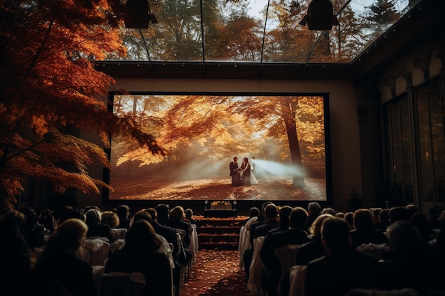 projector screen on autumn wedding reception